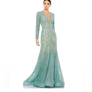 Mac Duggal Teal Lace Long Sleeve Evening Gown